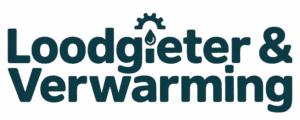 Logo van Loodgieter & Verwarming met een waterdruppel en een vlam, symbool voor water en warmte.