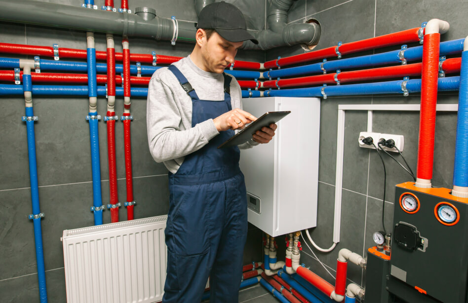 Professioneel en efficiënt werken door onze specialist  Loodgieter  Verwarming Werknemer werkt geconcentreerd op een laptop